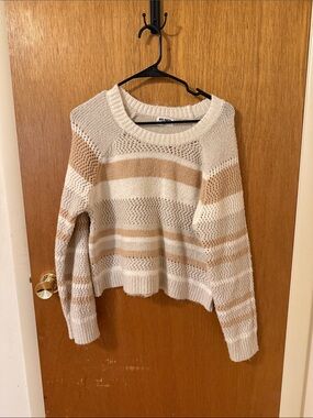 Striped Open-Knit Crewneck Sweater - Cream & Tan